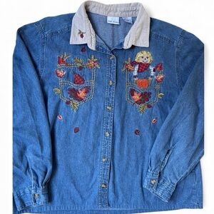 Bobbie Brooks Embroidered Denim Shirt Fall Leaves Scarecrow Corduroy Collar XL